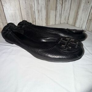 Tory Burch Black Leather Logo Ballet Flats | Classic Round Toe Slip-On Shoes Siz